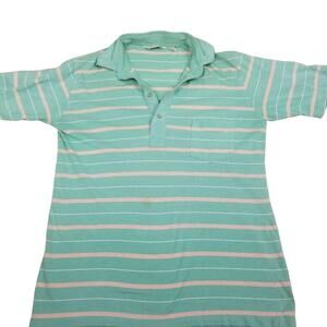 Men's Vintage Dache Mint Green Striped Polo Short Sleeve Quarter Button Size L